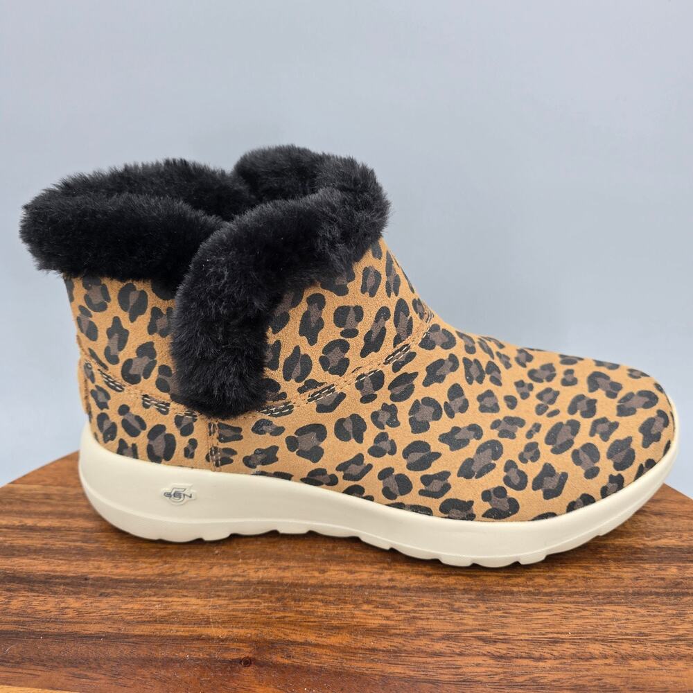 Skechers Boots Womens 7 Leopard Print Faux Fur On The Go Comfort Ankle Booties